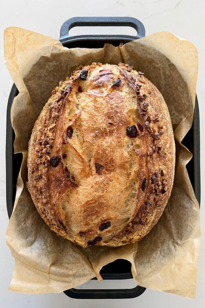 Loaf of cranberry orange sourdough bread that has just been baked in a cast iron loaf pan.