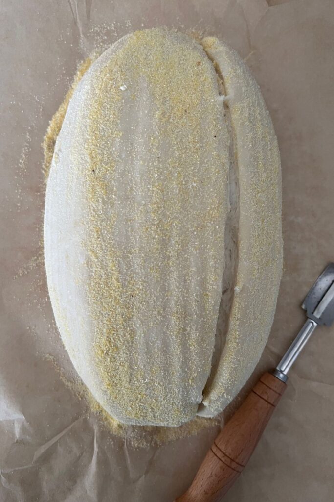 Sourdough buttermilk bread dough turned out onto a piece of parchment paper and scored on the right hand side. There is a wooden handled lame sitting to the right of the dough.