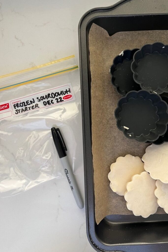 Plastic ziploc bag labelled with a sharpie sitting next to a baking tray with frozen sourdough starter pucks on it.