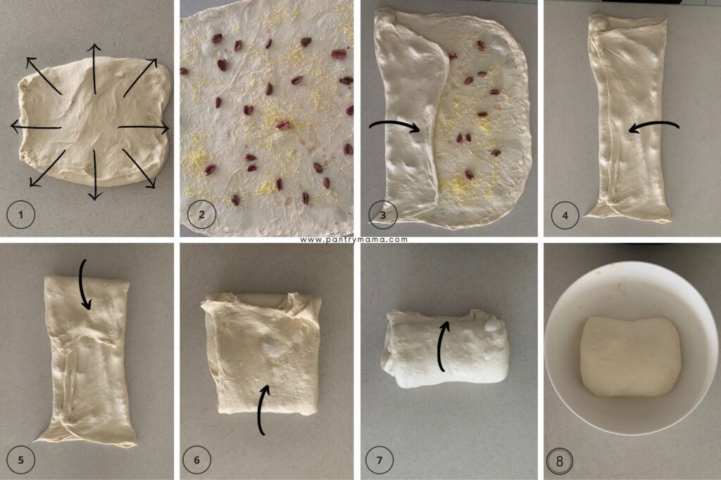 8 photos showing how to laminate sourdough bread to develop gluten.