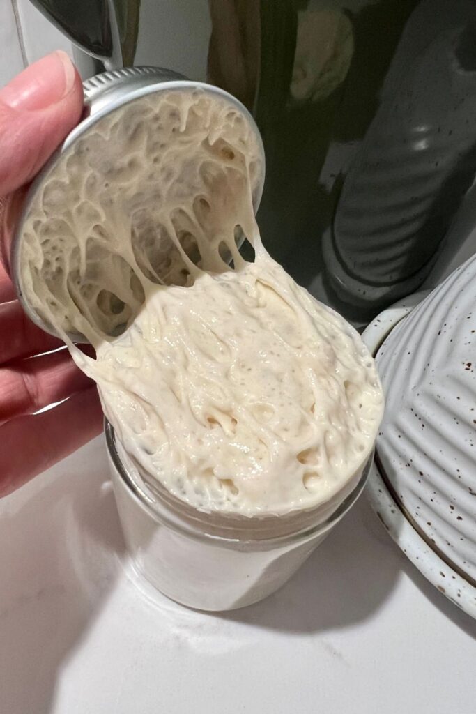 Jar of sourdough starter that is overflowing the edges of the jar. The lid is being held away from the jar and you can see the stretchy sourdough starter clinging to the lid.