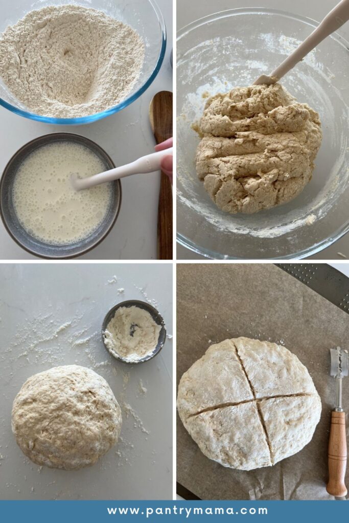 Process photos of making Sourdough Irish Soda Bread. From mixing the wet and dry ingredients to forming a rough dough, kneading the dough into a round and slashing it with a cross.