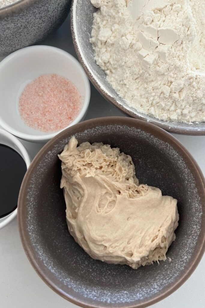 A grey bowl with a dollop of rye sourdough levain in the bowl. There is a small white bowl with pink salt and a bowl of flour also visible in the photo.