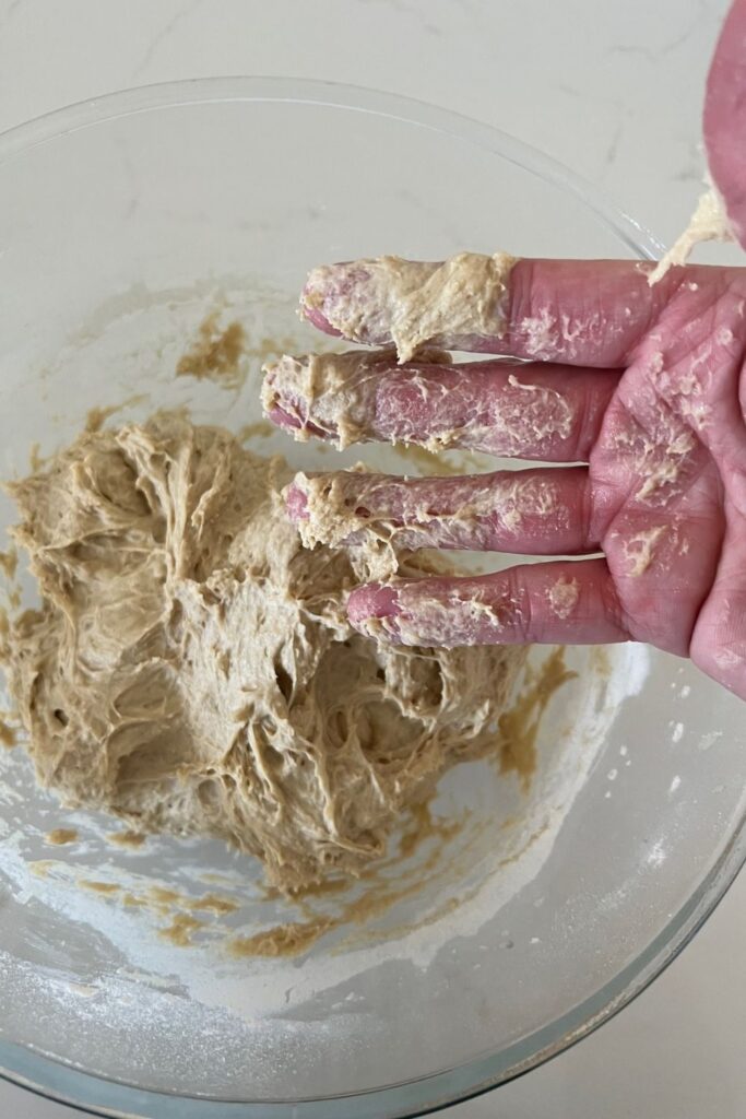 A bowl of sourdough rye dough with a hand in front of it. The hand is covered in sticky rye dough that is not mixed properly.