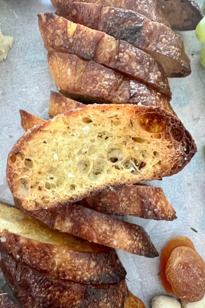 Sourdough crostini made from leftover sourdough baguette.