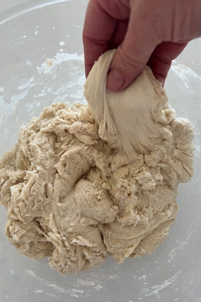 Shaggy sourdough sitting in a bowl. There is a hand shown in the photo stretching out a small piece of dough.