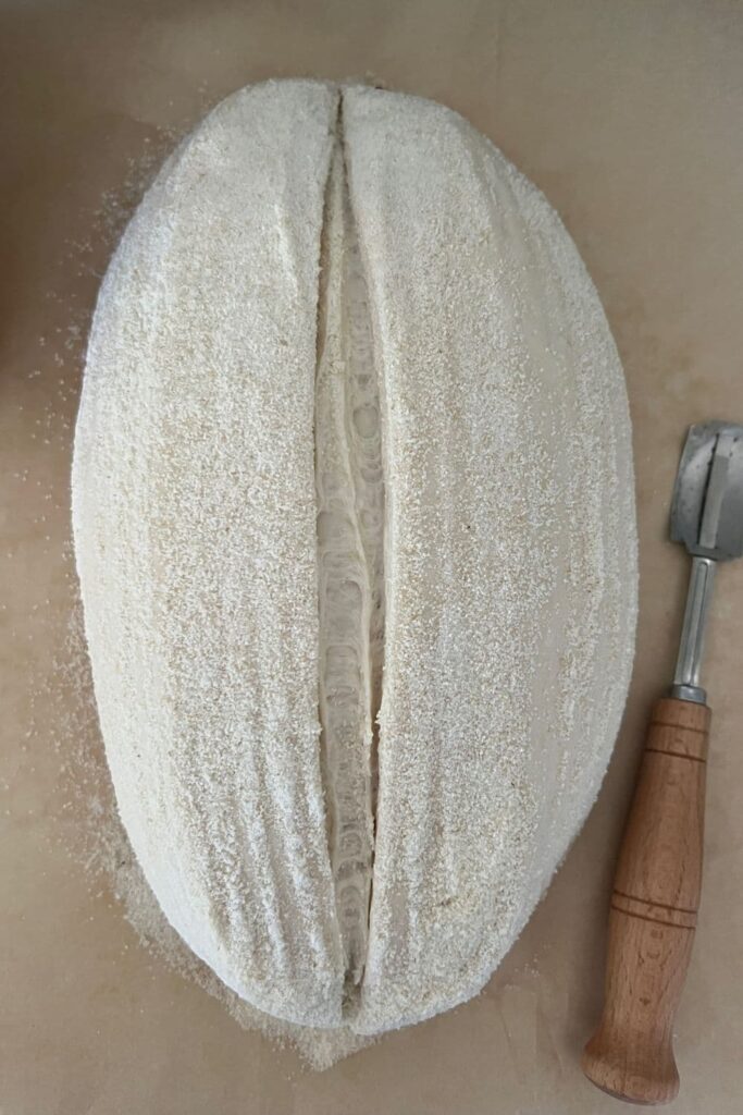 Loaf of sourdough bread that has been scored down the centre. There is a wooden handled lame sitting to the right of the dough.