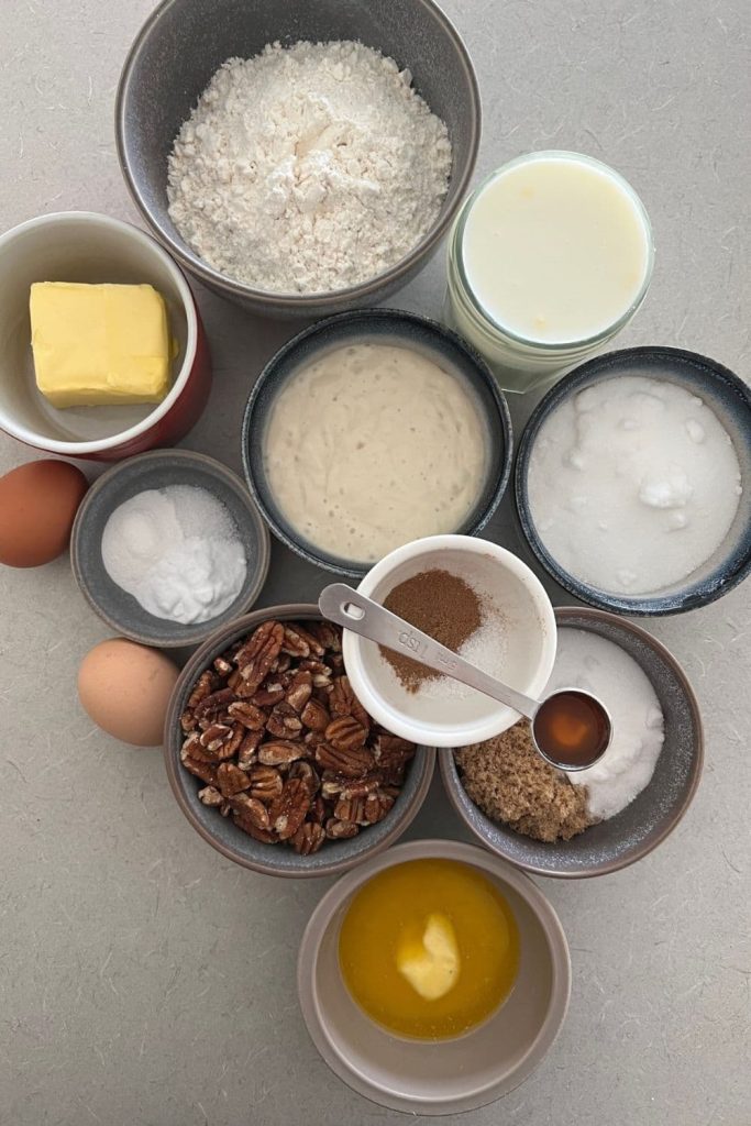 An overhead shot of all of the ingredients needed to make sourdough discard coffee cake.