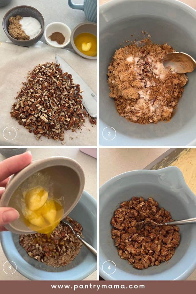 4 photos in sequence to show the process of making the cinnamon pecan streusel topping.
