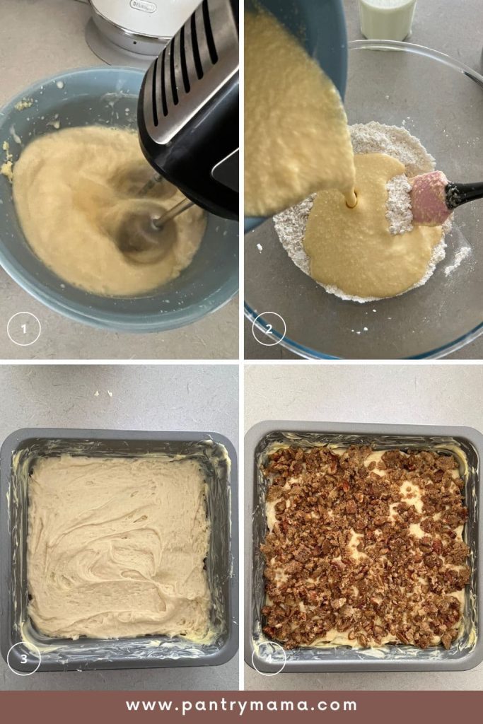 4 photos to show the process of assembling the cake batter and cinnamon pecan streusel topping for the sourdough discard coffee cake.