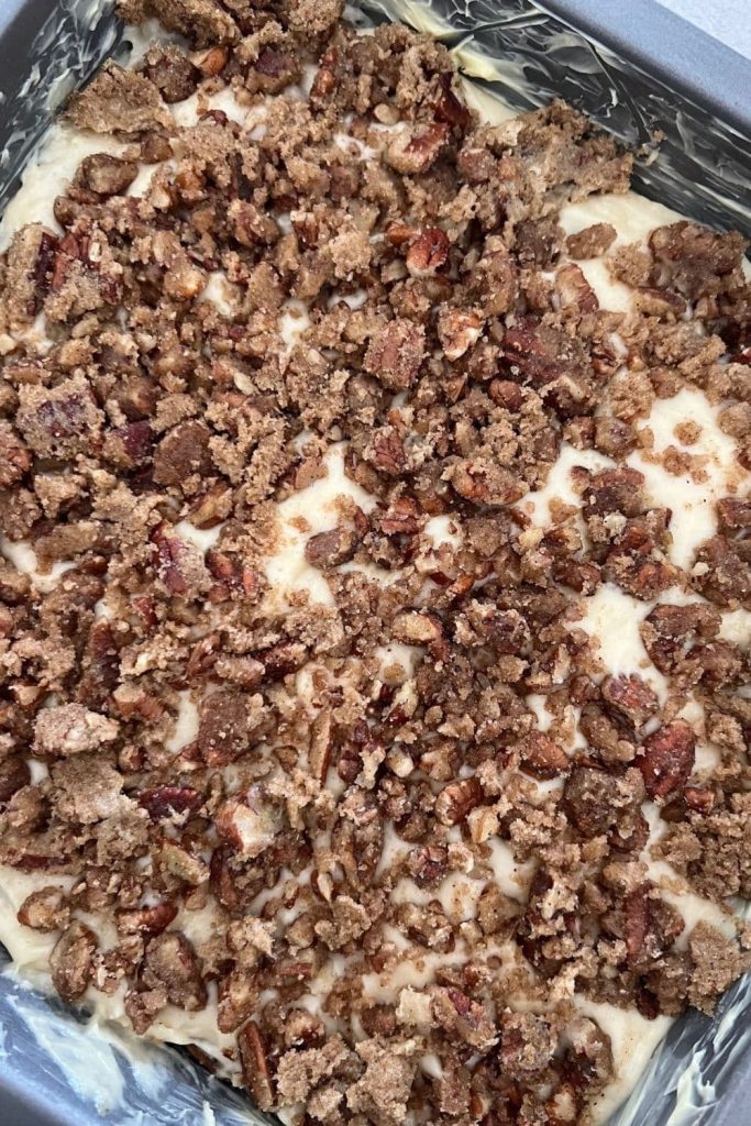 Cinnamon crumb topping on the top of the cake batter.