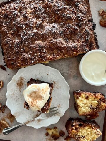 Sourdough discard coffee cake with a cinnamon pecan streusel topping. The cake is shown photographed from above and served with whipped cream.