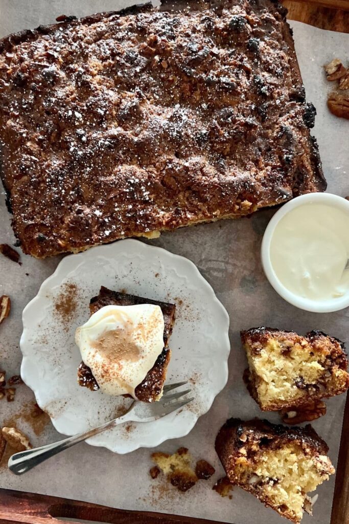 Sourdough discard coffee cake with a cinnamon pecan streusel topping. The cake is shown photographed from above and served with whipped cream.