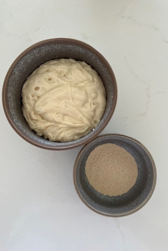 A bowl of sourdough starter and a bowl of instant dried yeast sitting on a white stone counter top.