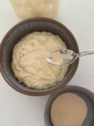 Jar of sourdough starter sitting next to a grey stoneware bowl full of bubbly sourdough starter. There is a small silver spoon with a little commercial yeast being held over the bowl and then a bowl full of commercial yeast sitting below.