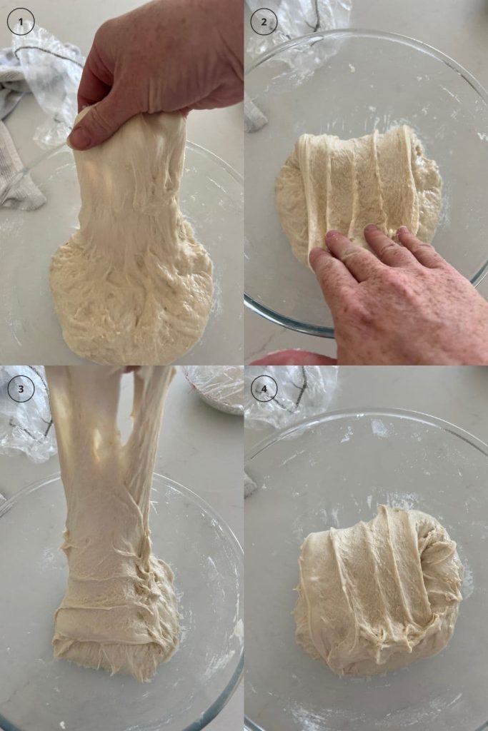 4 photos showing the process of stretching and folding the dough.