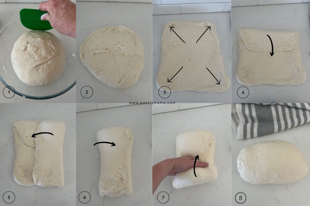 how to shape a sourdough batard infographic.8 photos that show step by step how to shape a sourdough batard.