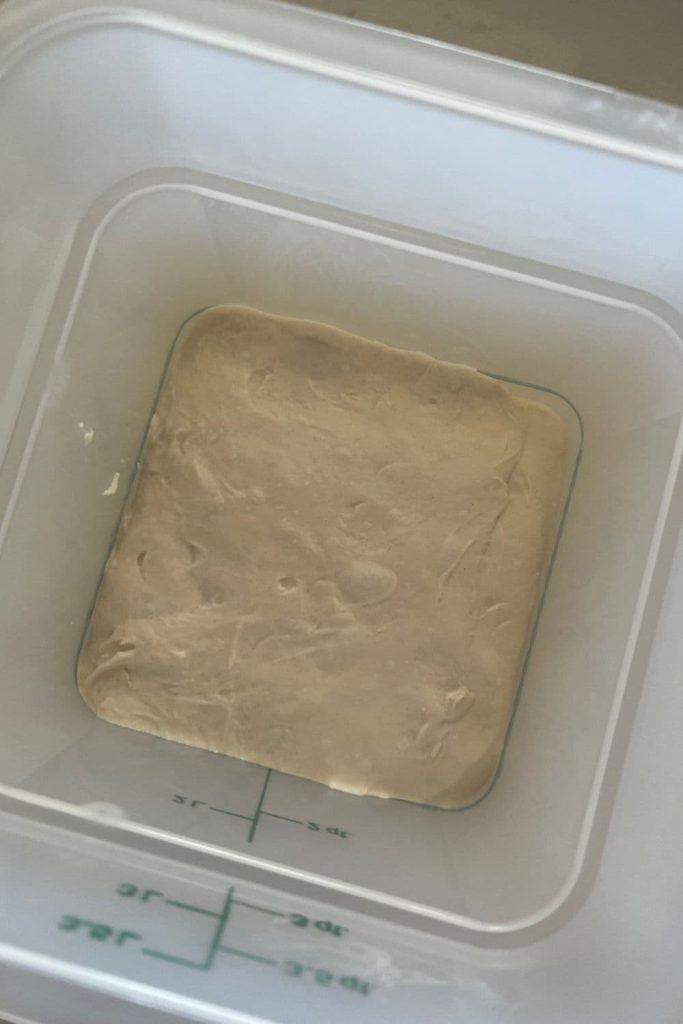 Sourdough dough pushed down into the base of a 4Q Cambro Container. The photo is taken from above so you can see inside the Cambro Container.