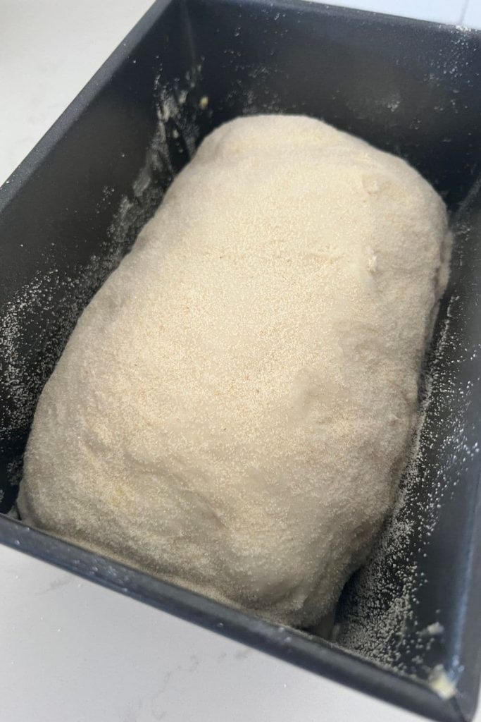 sourdough bread placed into a metal loaf pan for cold proofing as an alternative to using a banneton.