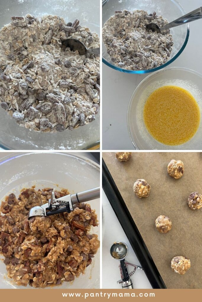 Process photos for making sourdough discard cowboy cookies including mixing the wet and dry ingredients, scooping cookie dough and placing onto a baking tray.