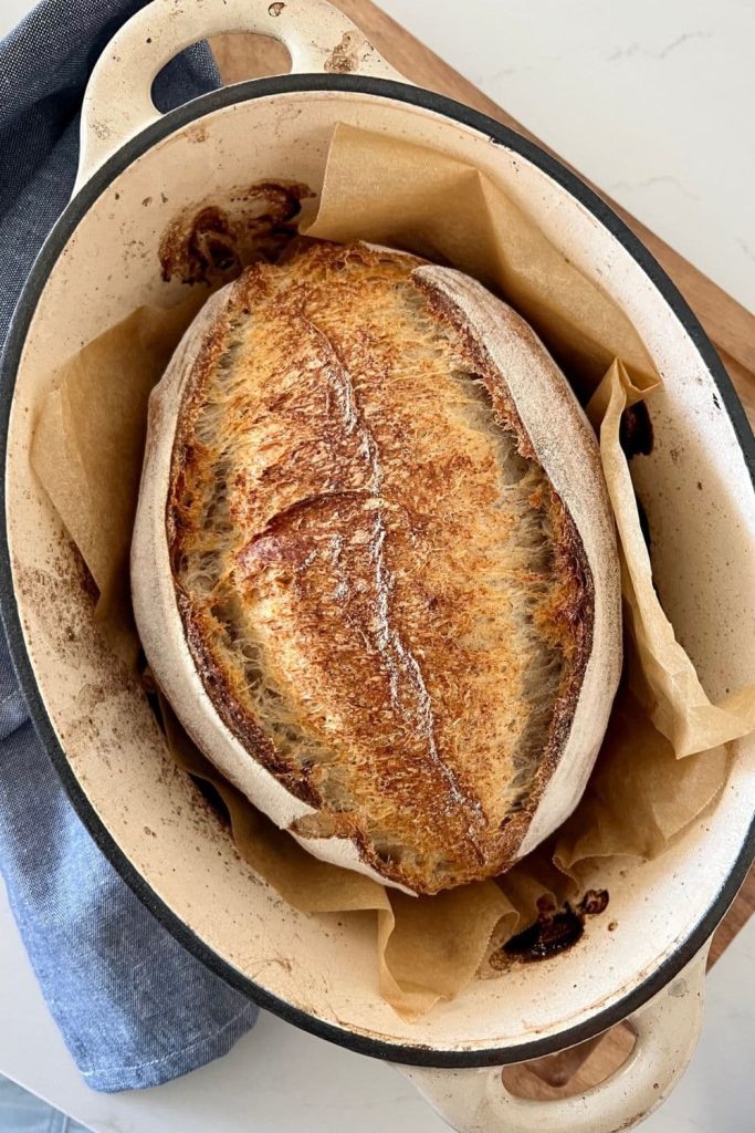 Spelt sourdough loaf that has been baked in a cream enamel oval Dutch oven.