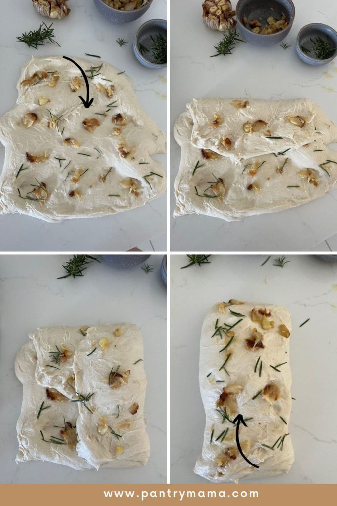 4 photos showing the process of adding the roasted garlic and fresh rosemary to the dough during shaping.