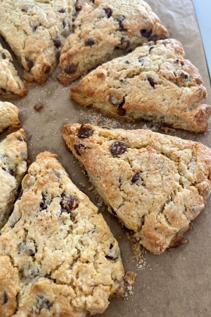 Sourdough chocolate chip scones cut into wedges.