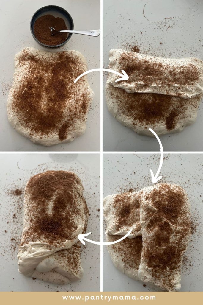 Sourdough bread being shaped with the cinnamon swirl. There are 4 photos showing this process.