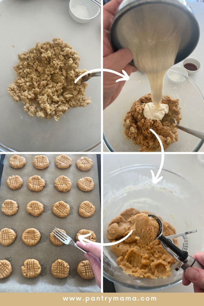 4 process photos of sourdough discard peanut butter cookies including mixing the ingredients and squashing the cookies with a fork to make a criss cross pattern.