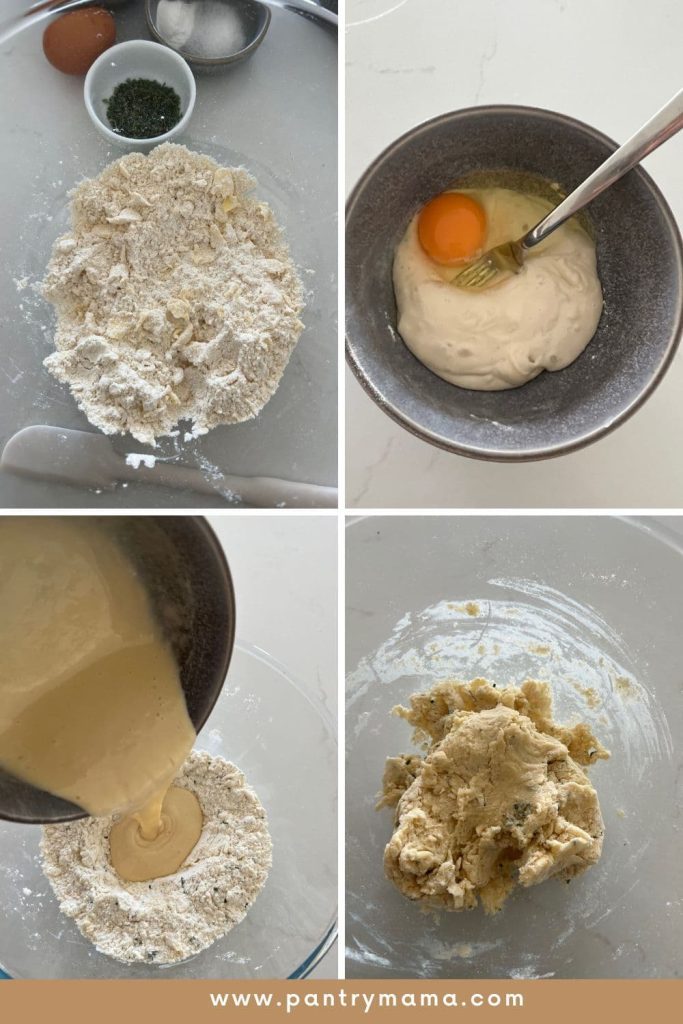 4 photos that show the process of making the sourdough dumplings - from rubbing the flour into the butter, mixing the egg with the sourdough starter, pouring the wet mixture into the dry mixture and then bringing the shaggy dough together.