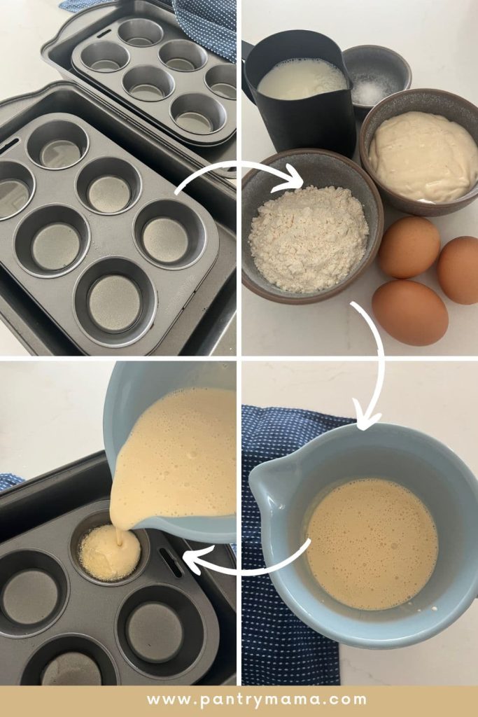 4 photos demonstrating the process of making sourdough discard popovers. First photos show pouring the oil into muffin pans, then ingredients shot and then pouring the batter into hot muffin tins.