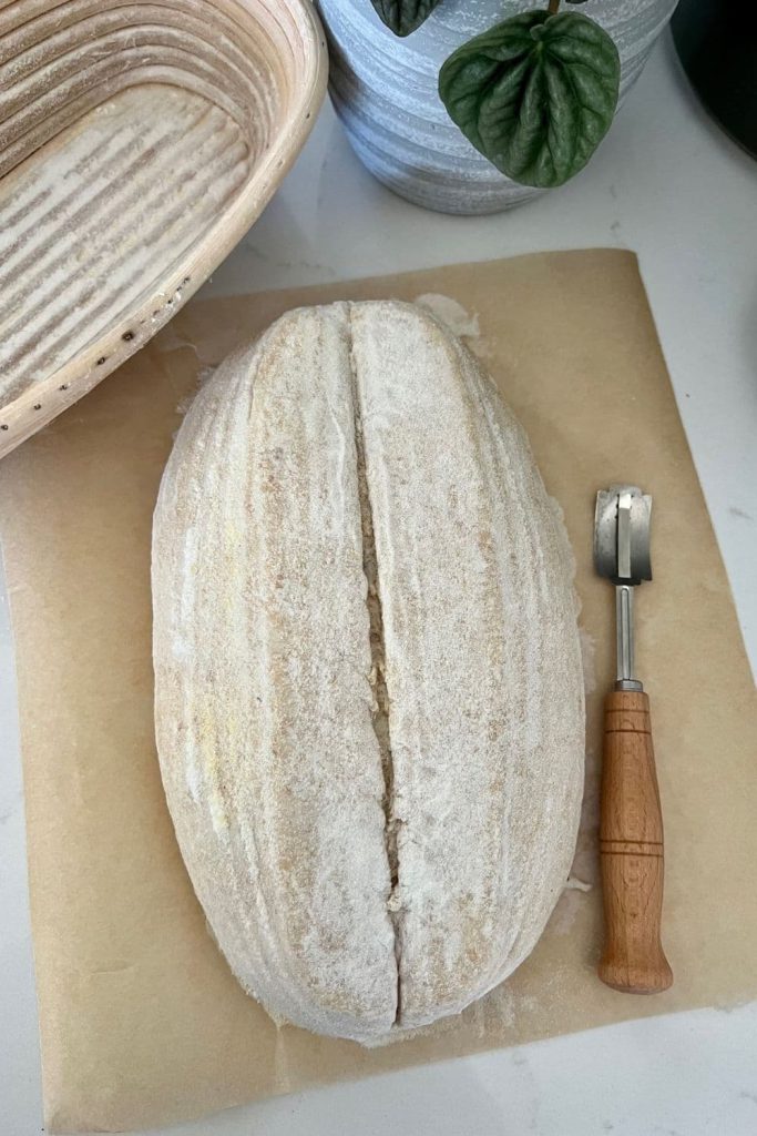 A loaf of sourdough bread that has been scored with a wooden handled bread lame.