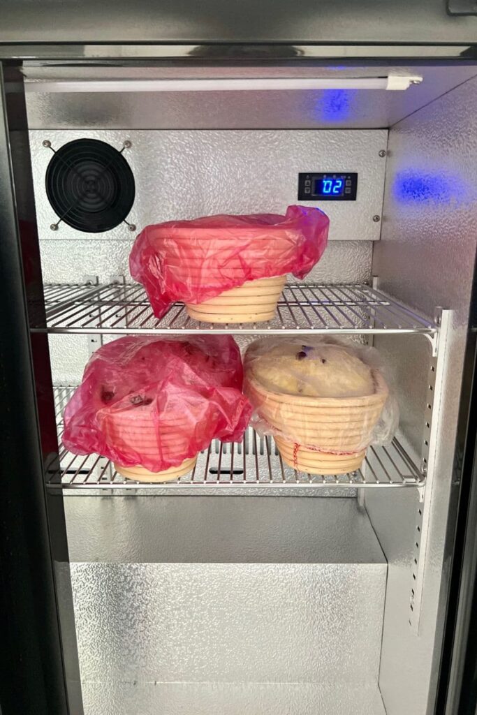 3 loaves of sourdough sitting in bannetons, covered with elastic food covers. They are cold proofing in the dough fridge.