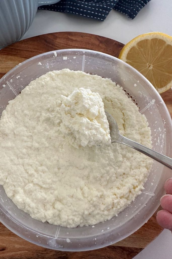 Homemade ricotta being strained in a plastic ricotta basket.