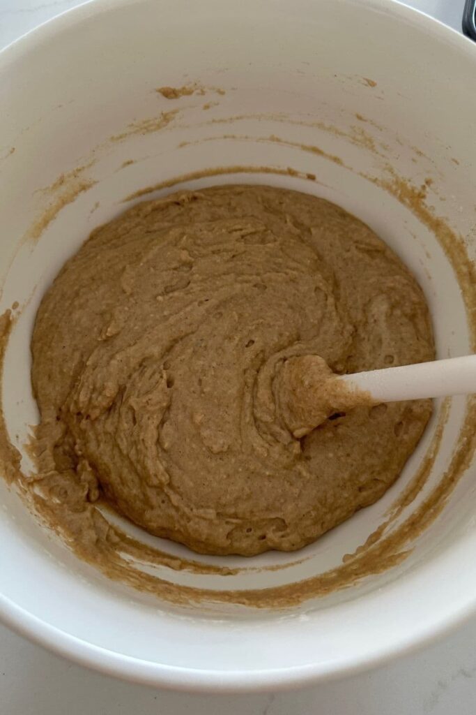 Fully mixed cake batter for sourdough applesauce cake.