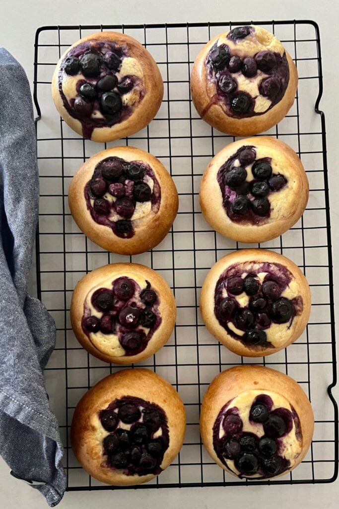 8 sourdough discard brioche blueberry cheesecake tarts sitting on a black wire cooling rack.