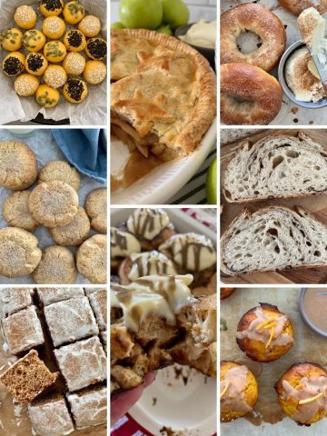 Collage of best sourdough fall recipes with 8 photos of various sourdough fall recipes.