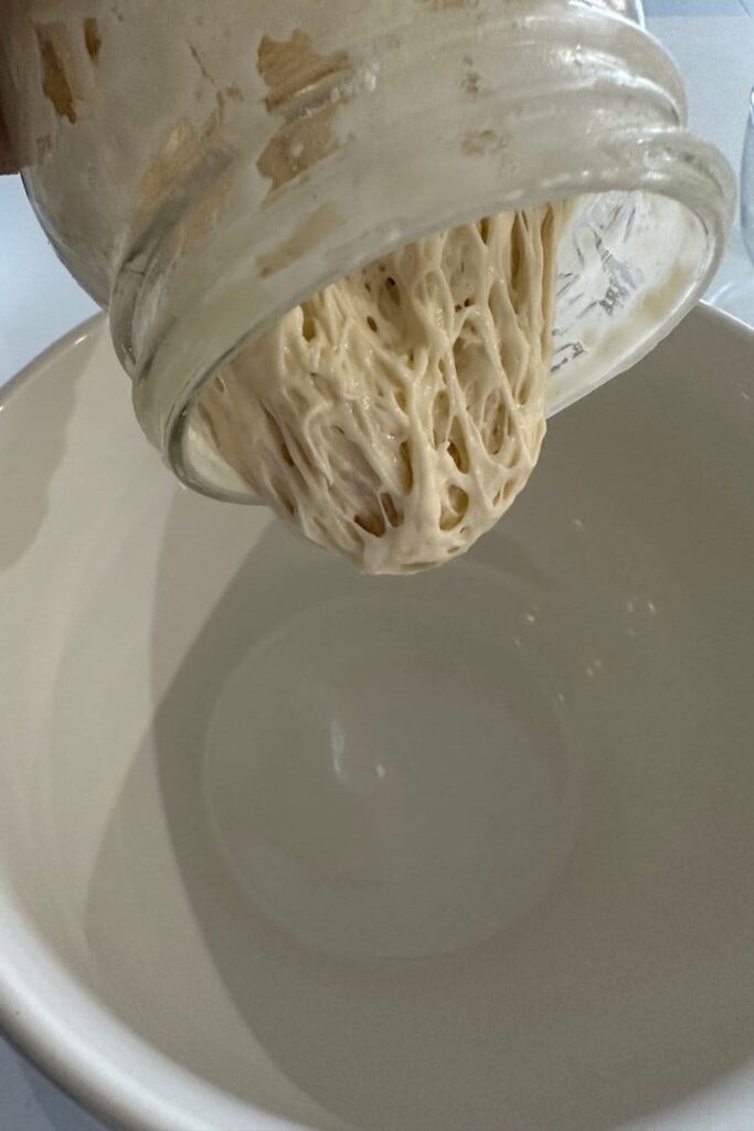 Bubbly sourdough starter being tipped out of a jar and into a bowl.