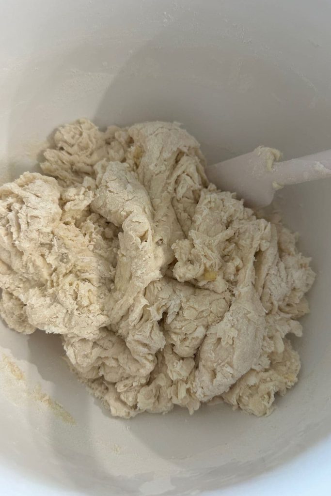 Dry, shaggy dough that has just been brought together There is a white jar spatula in the bowl.