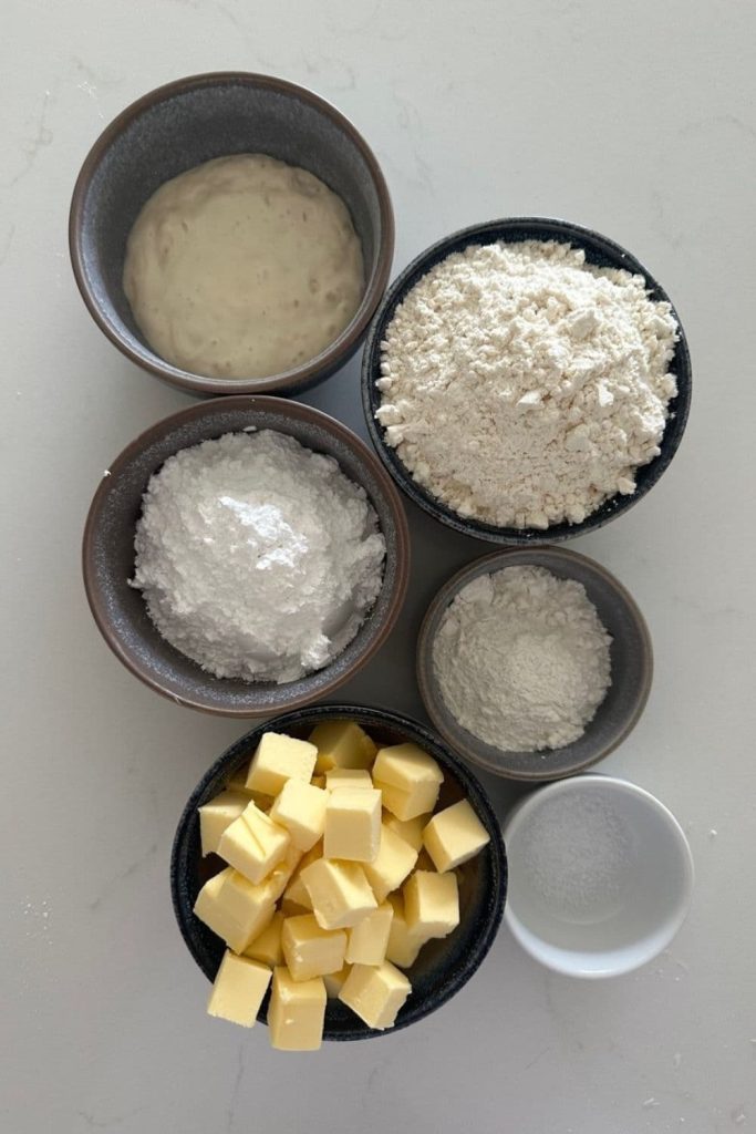 Ingredients for simple sourdough shortbread cookies - sourdough starter, powdered sugar, butter, salt, flour.
