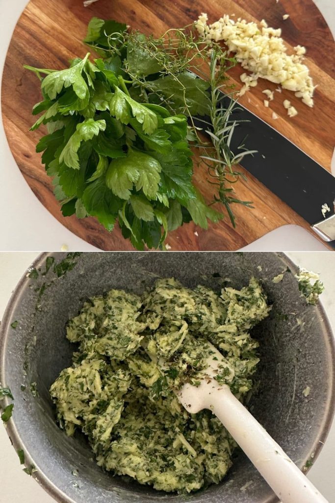 2 photos spliced together. The top one shows a selection of herbs and garlic on a wooden board with a black knife. The bottom photo shows a bowl of herb and garlic butter.