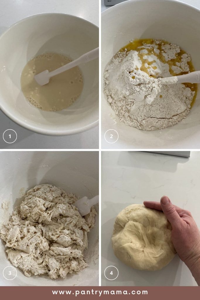 4 process photos of mixing the shaggy dough for sourdough sandwich rolls.