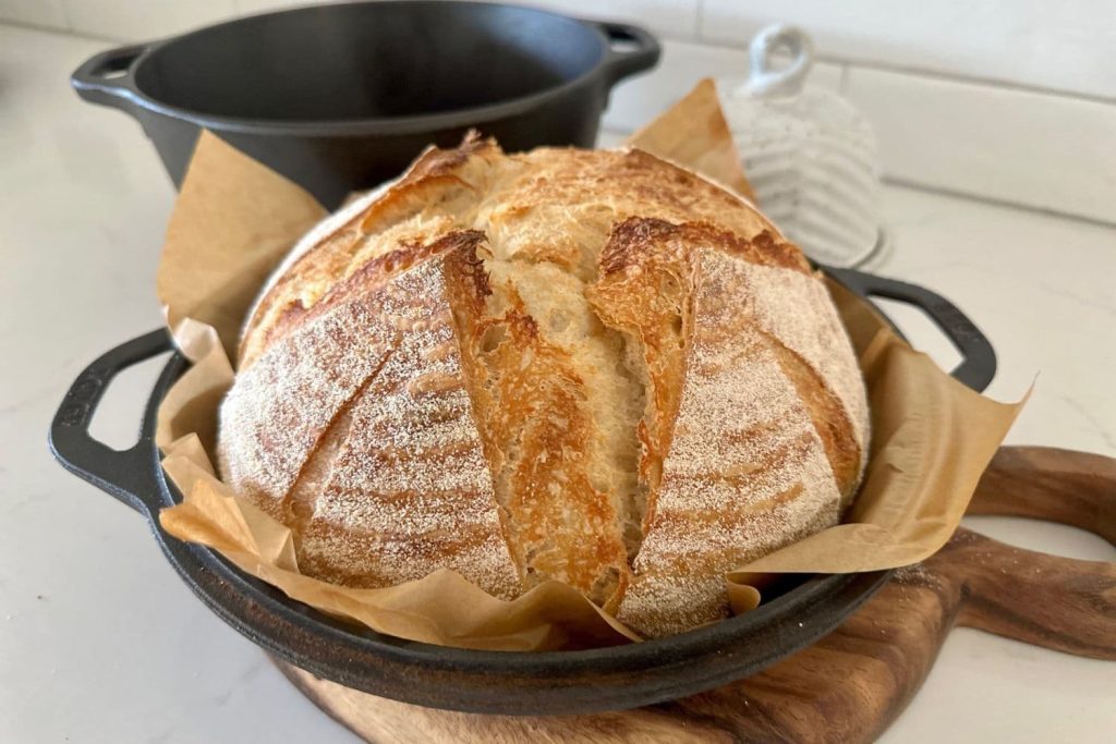 A whole loaf of sourdough bread baked with all purpose flour. The loaf is sitting in the lid of a Lodge Double Dutch Oven.