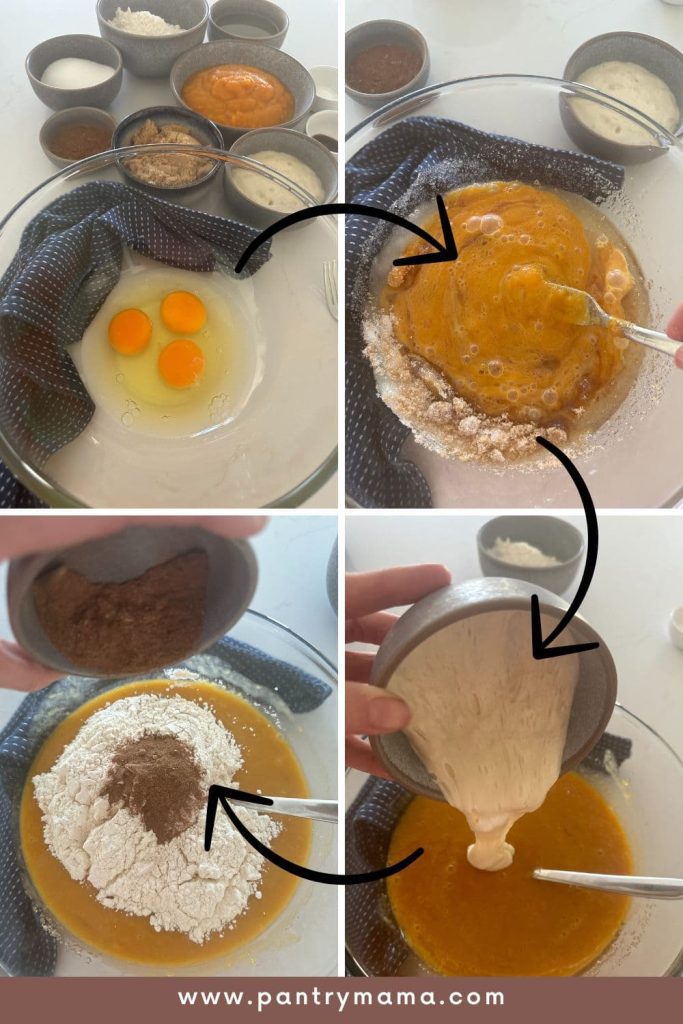 4 photos showing the process of making sourdough discard pumpkin spice bread.