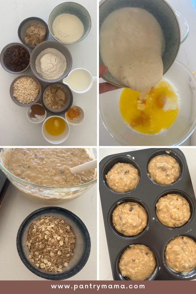 Process images of making the sourdough oatmeal raisin muffins.