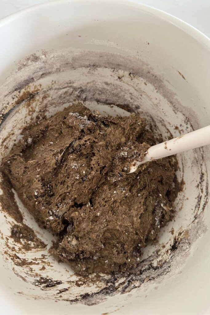 sourdough pumpernickel dough that has just been mixed for autolyse