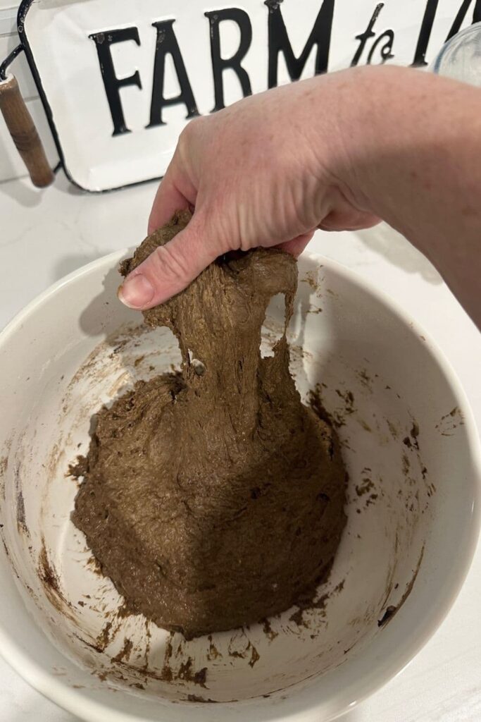 sticky sourdough pumpernickel dough being stretched and folded, The dough is weak and tearing because it has a low gluten network.