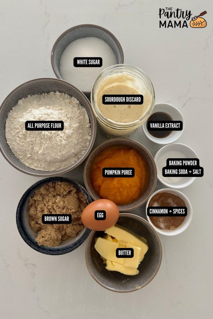 Flat lay of ingredients needed to make soft sourdough pumpkin spice cookies.