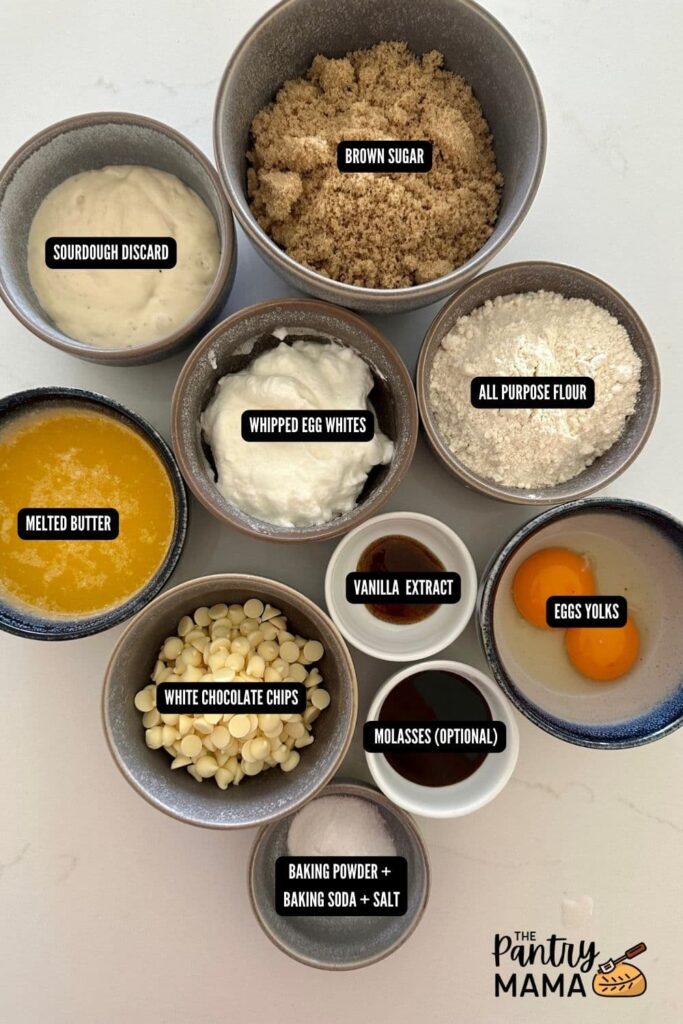 Flat lay of ingredients used to make sourdough blondies.