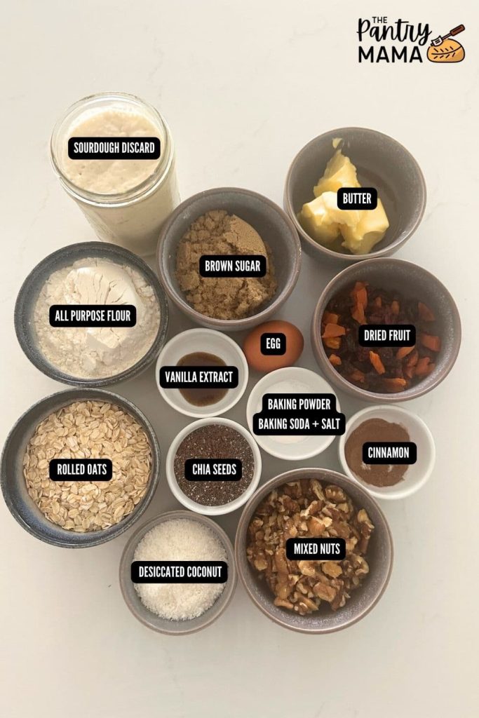 Flat lay of ingredients necessary to make sourdough breakfast cookies.